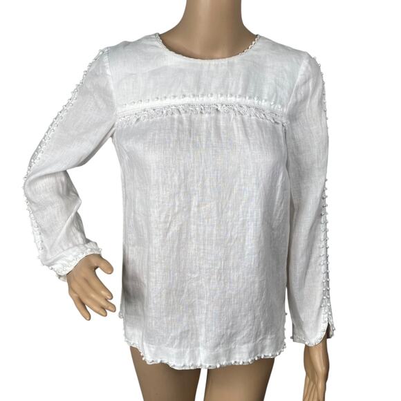 J.Crew White Linen Pom Pom Tassel Long Sleeve Top SZ 0 - Picture 4 of 12